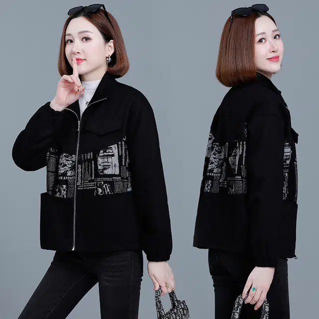缪斯的诱惑 秋冬时尚个性美式高街风休闲宽松拼接印花时髦洋气百搭短短款软壳衣拉链外套立领保暖夹克 女款