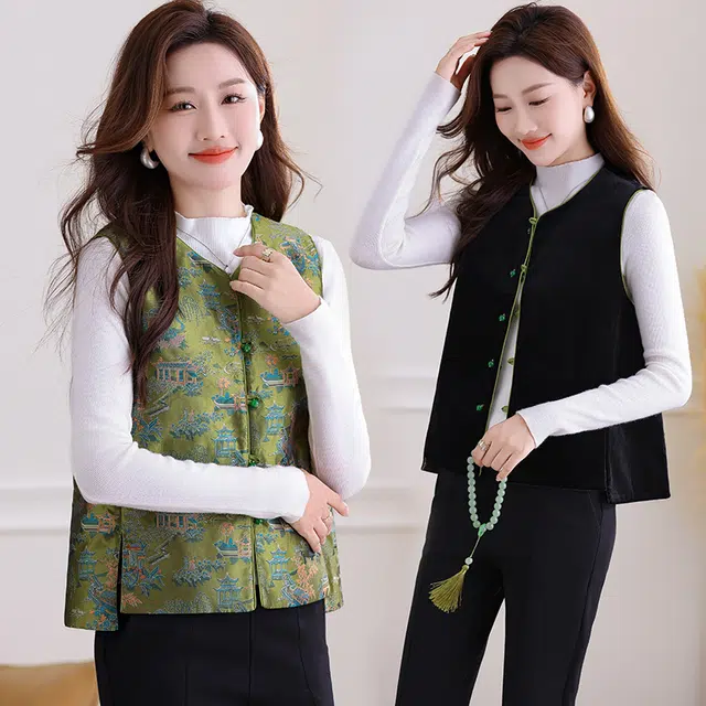 缪斯的诱惑 时尚优雅气质洋气减龄一衣两穿单排扣复古提花缎面拼接丝绒马夹百搭开衫上衣简约休闲外套叠搭背心双面穿圆领新中式国风马甲 女款