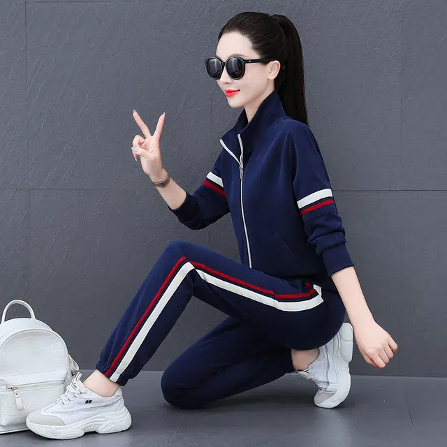 缪斯的诱惑 美式复古风拼接撞色开衫外套长袖上衣百搭束脚裤两件套小众设计高品质洋气减龄显瘦简约舒适柔软时尚潮流卫衣运动休闲套装 女款