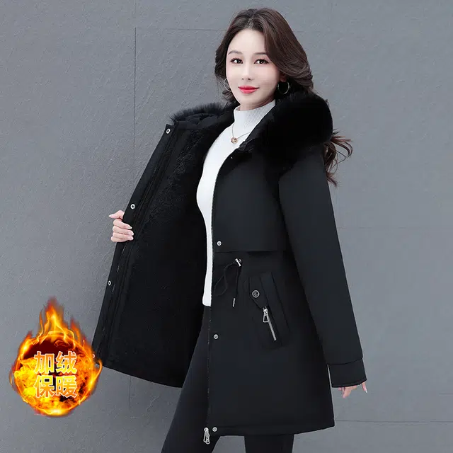 缪斯的诱惑 美式工装风时尚潮流一衣两穿可拆卸袖马甲中长款收腰显瘦抗寒保暖防钻绒防风袖口休闲夹克棉服厚实外套百搭毛领连帽派克服 女款