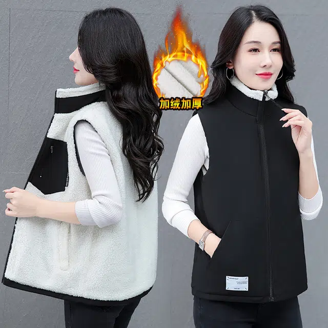 缪斯的诱惑 两穿工装立领外套简约时尚潮流洋气减龄一衣两穿休闲运动百搭无袖坎肩背心马夹拉链防风御寒加绒加厚羊羔绒保暖双面穿马甲  女款