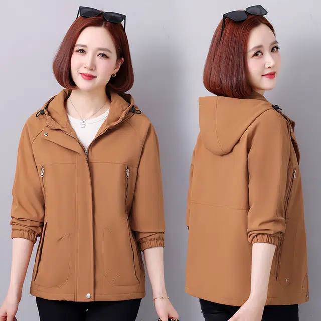 缪斯的诱惑 秋冬经典简约户外活动轻便防风工装冲锋软壳衣宽松显瘦百搭时尚潮流纯色舒适柔软拉链开衫上衣运动休闲外套松紧袖口连帽夹克 女款