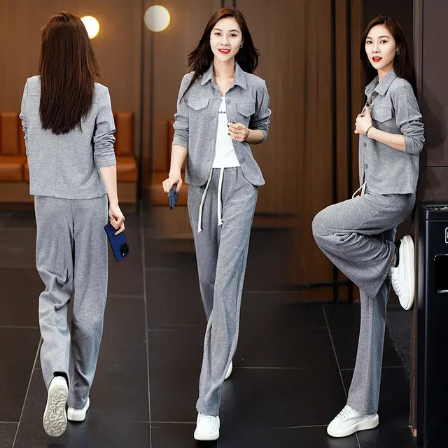 缪斯的诱惑 时尚潮流早秋日常整套穿搭纯色设计感翻领开衫外套搭背心阔腿裤三件套高级感显瘦显高洋气减龄优雅气质百搭针织衫休闲套装 女款