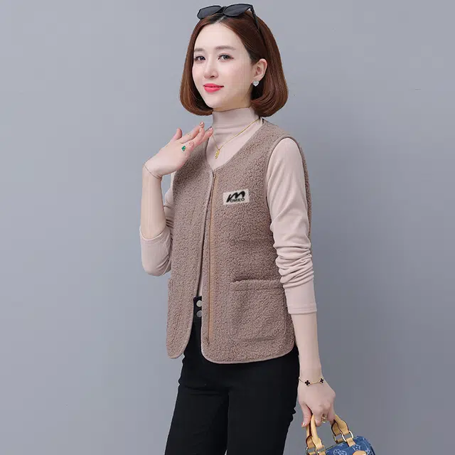缪斯的诱惑 休闲纯色舒适柔软简约百搭羊羔绒外套女秋冬内搭叠穿坎肩小个子背心马夹圆领通勤马甲 女款