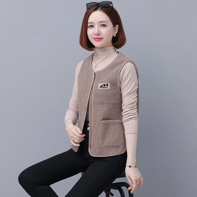 缪斯的诱惑 休闲纯色舒适柔软简约百搭羊羔绒外套女秋冬内搭叠穿坎肩小个子背心马夹圆领通勤马甲 女款