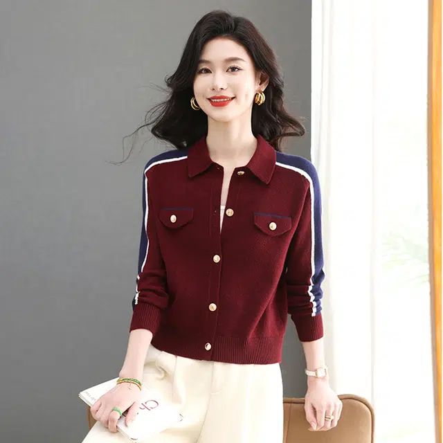 缪斯的诱惑 时尚潮流拼色设计感高雅气质外穿上衣日常百搭显瘦休闲舒适洋气减龄简约正肩长袖单排扣优雅小香短款外套翻领针织开衫毛衣 女款
