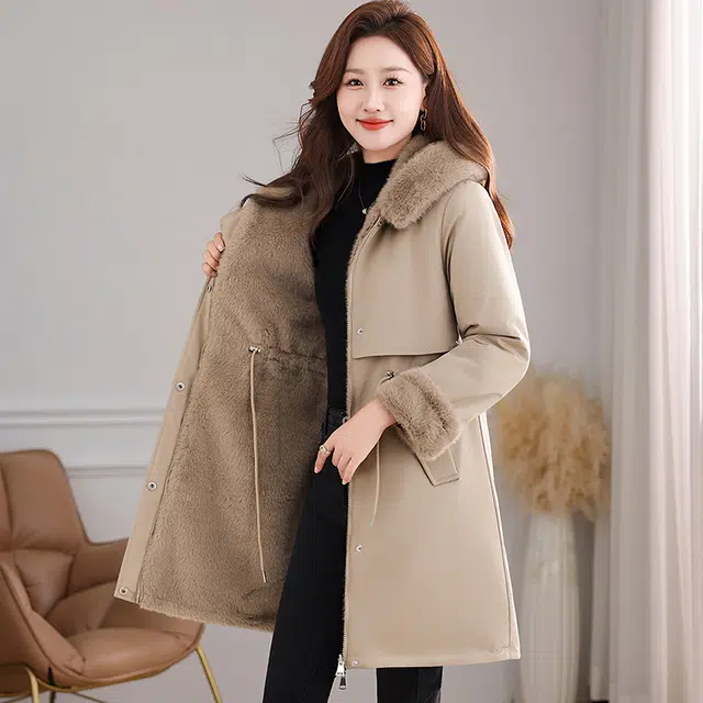 缪斯的诱惑 美式高街复古风时尚潮流两穿可拆卸大毛领防风中长款收腰显瘦抗寒保暖防钻绒休闲夹克棉服外套加绒加厚百搭连帽双面穿派克服 女款