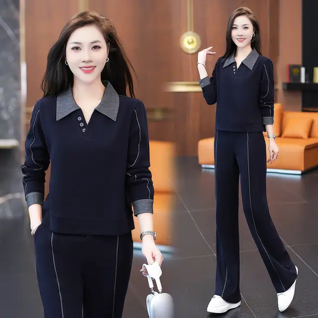 缪斯的诱惑 复古运动早秋日常整套穿搭拼色设计感假两件卫衣翻领长袖上衣百搭阔腿裤两件套显瘦显高洋气减龄优雅气质高端范时尚休闲套装 女款