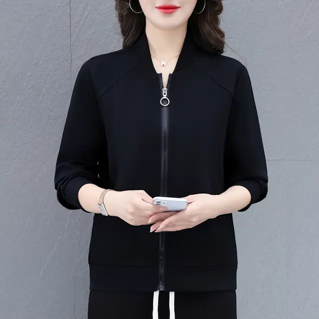 缪斯的诱惑 时尚潮流高品质优雅轻盈舒适柔软简约百搭轻便宽松通勤显瘦针织外套开衫上衣纯色长袖中年妈妈装减龄休闲运动风棒球领夹克  女款