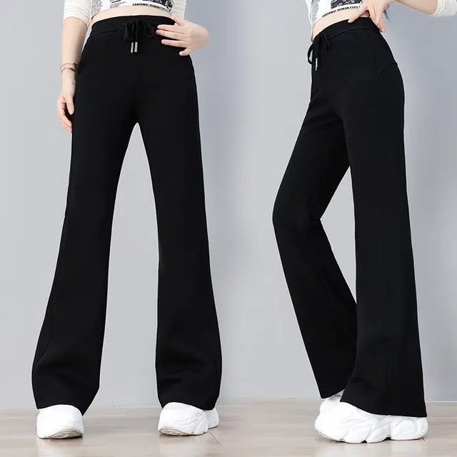 缪斯的诱惑 美式高街复古韩系时尚潮流纯色针织裤高腰宽松垂感阔腿裤抽绳轻便运动裤显瘦显腿长舒适直筒长裤秋冬通勤简约百搭酷飒休闲裤 女款