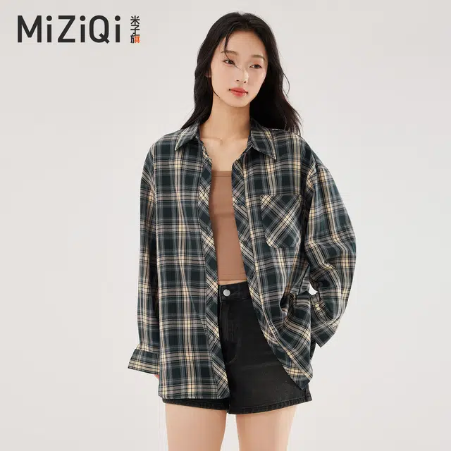 米子旗 长袖格子秋季常规通勤风宽松开衫衬衣叠穿外套休闲衬衫 女款