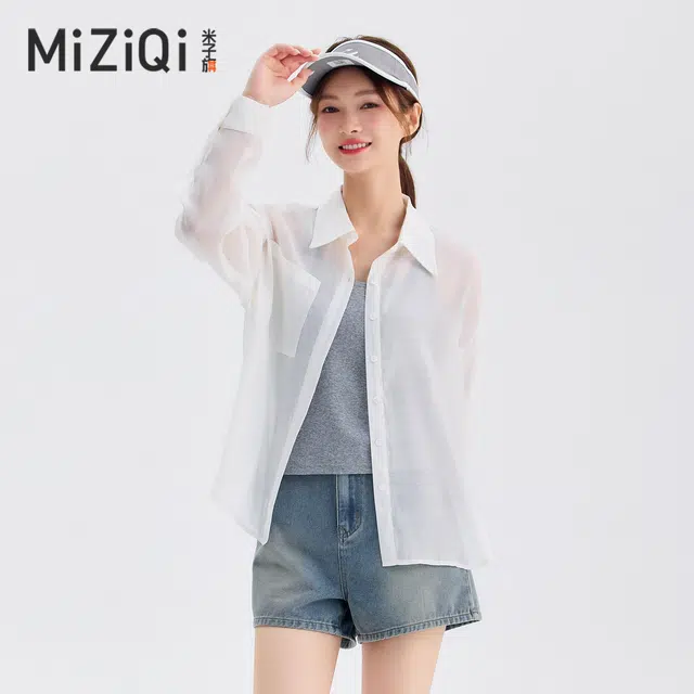 米子旗 纯色翻领单排多扣宽松长袖衬衫 女款