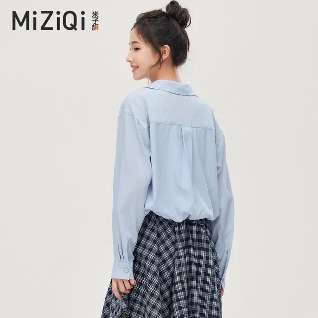 米子旗 蓝色蕾丝花边长袖衬衫 女款