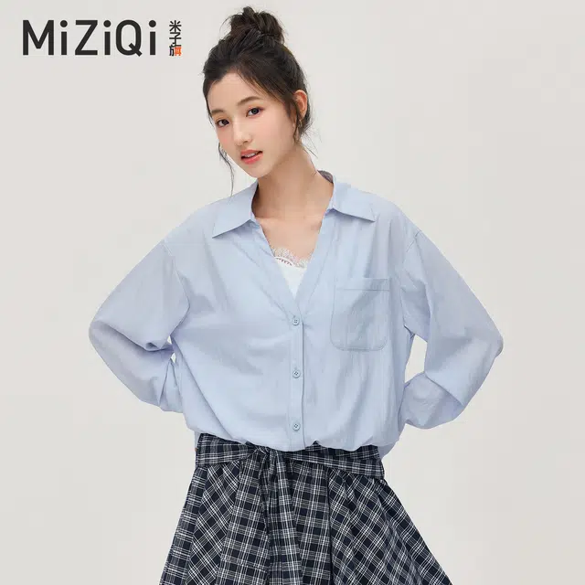 米子旗 蓝色蕾丝花边长袖衬衫 女款