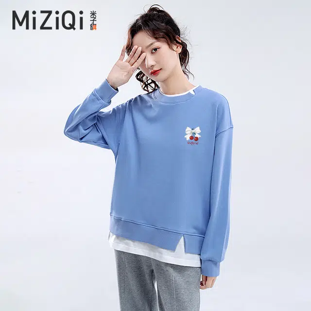 米子旗 假两件圆领套头宽松慵懒小个子韩系休闲卫衣 女款