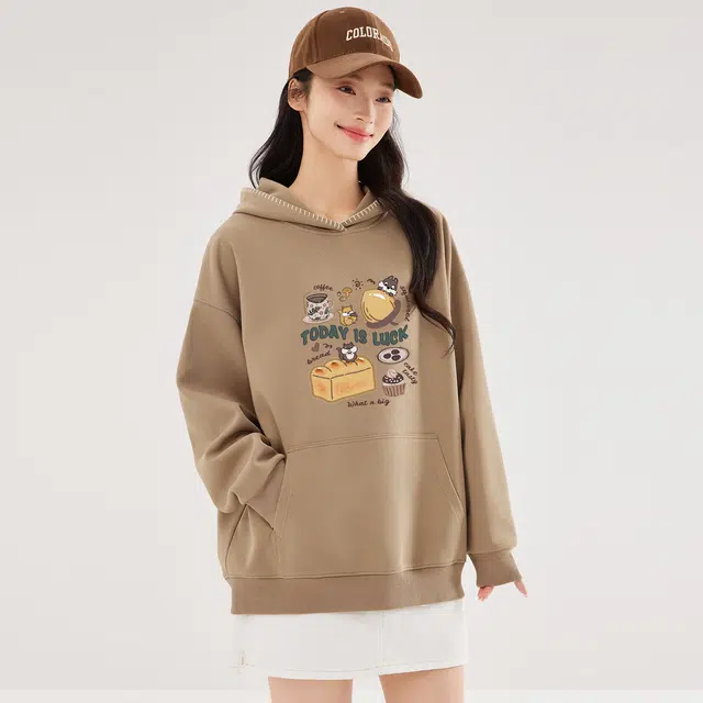 米子旗 复古连帽秋季卡通慵懒风帽衫宽松长袖通勤套头卫衣 女款