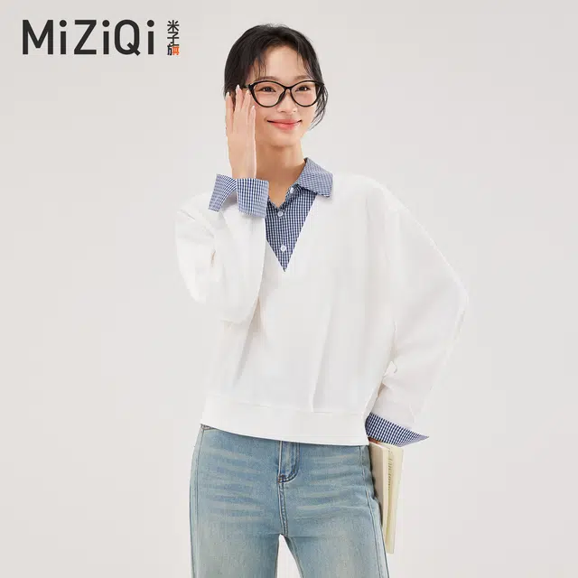 米子旗 拼接翻领宽松条纹常规长袖通勤套头卫衣 女款