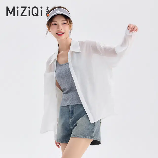 米子旗 纯色翻领单排多扣宽松长袖衬衫 女款