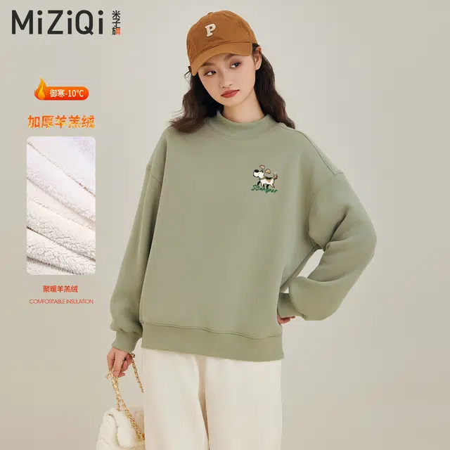 米子旗 羊羔毛宽松慵懒风卡通动漫常规长袖通勤套头卫衣 女款