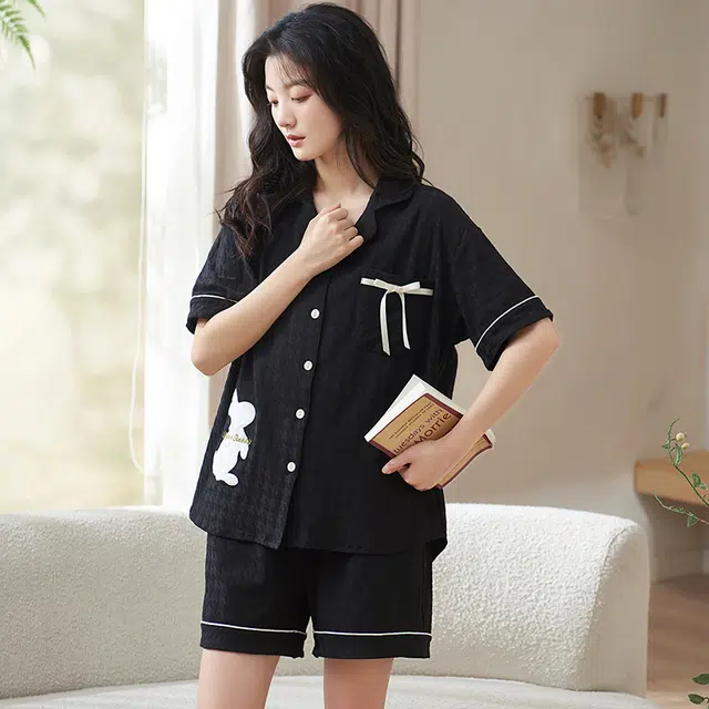 小情歌 家居服睡衣 短袖短裤睡衣女夏季家居服女夏款纯棉家居套装 千鸟格压纹兔子图案刺绣设计 女款 黑色