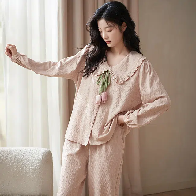 小情歌 家居服睡衣 纯棉睡衣女春秋季家居服女春秋款长袖长裤宽松家居套装设计 女款 粉红色