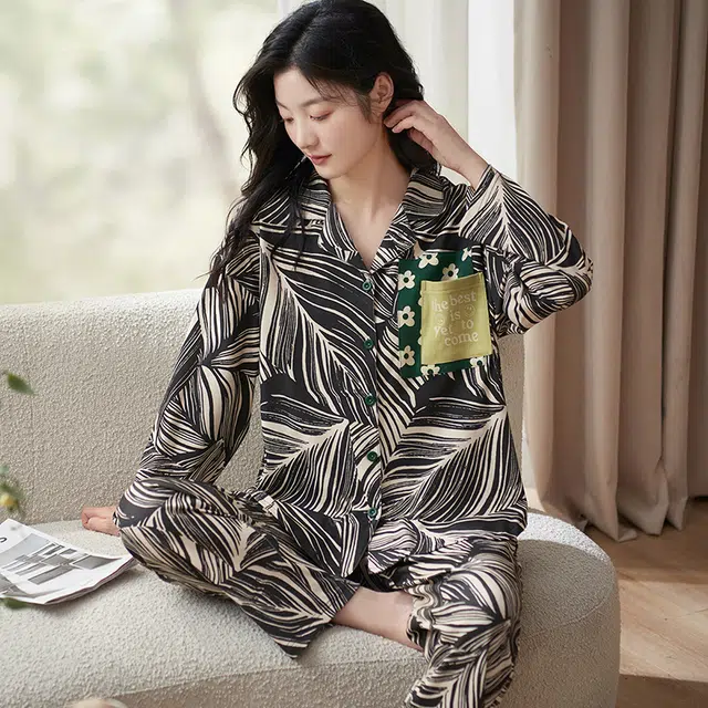 小情歌 家居服睡衣 纯棉睡衣女春秋季家居服女春秋款长袖长裤宽松设计国潮中国风家居套装 女款 黑白条纹