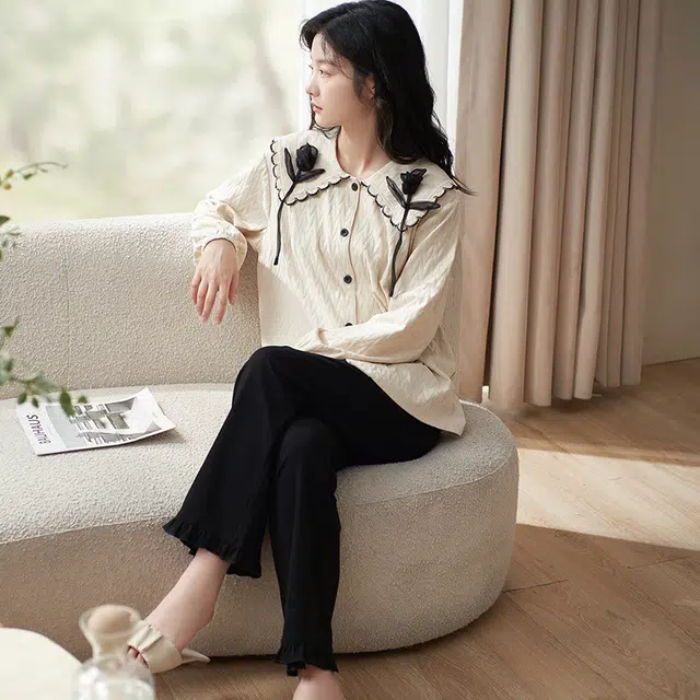 小情歌 家居服睡衣 纯棉睡衣女春秋季家居服女春秋款长袖长裤宽松家居套装设计 女款 奶白色