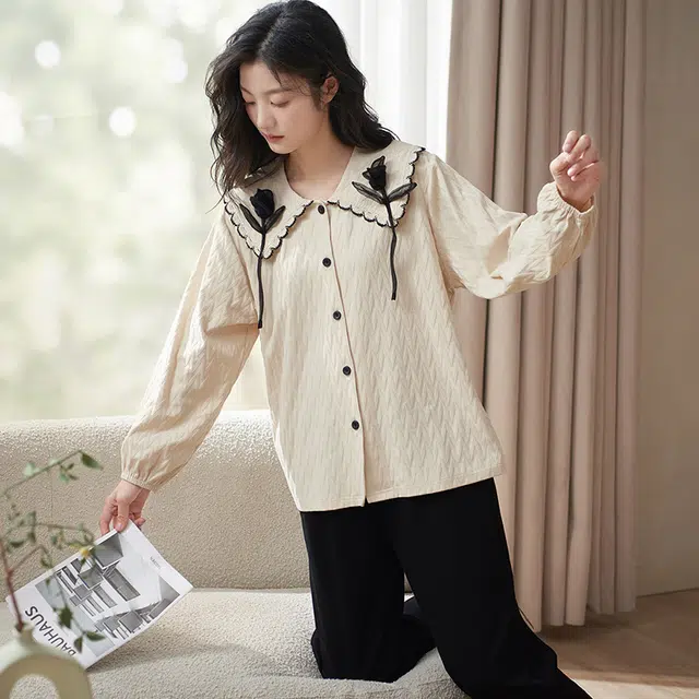 小情歌 家居服睡衣 纯棉睡衣女春秋季家居服女春秋款长袖长裤宽松家居套装设计 女款 奶白色