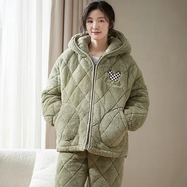 小情歌 家居服睡衣 珊瑚绒三层加绒加厚夹棉保暖睡衣女秋冬家居服女冬季长袖长裤女士家居套装 女款 抹茶色