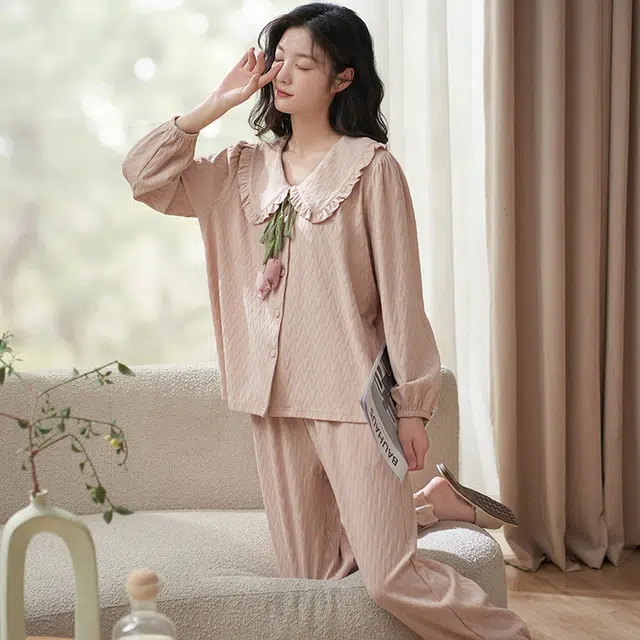 小情歌 家居服睡衣 纯棉睡衣女春秋季家居服女春秋款长袖长裤宽松家居套装设计 女款 粉红色