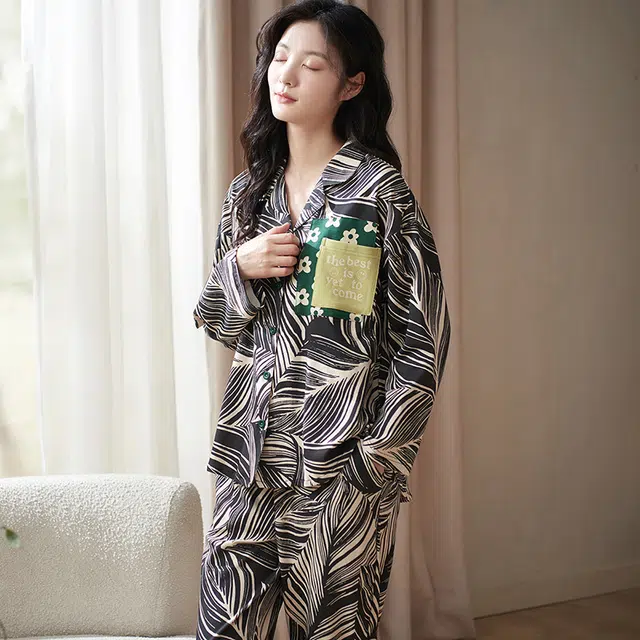 小情歌 家居服睡衣 纯棉睡衣女春秋季家居服女春秋款长袖长裤宽松设计国潮中国风家居套装 女款 黑白条纹