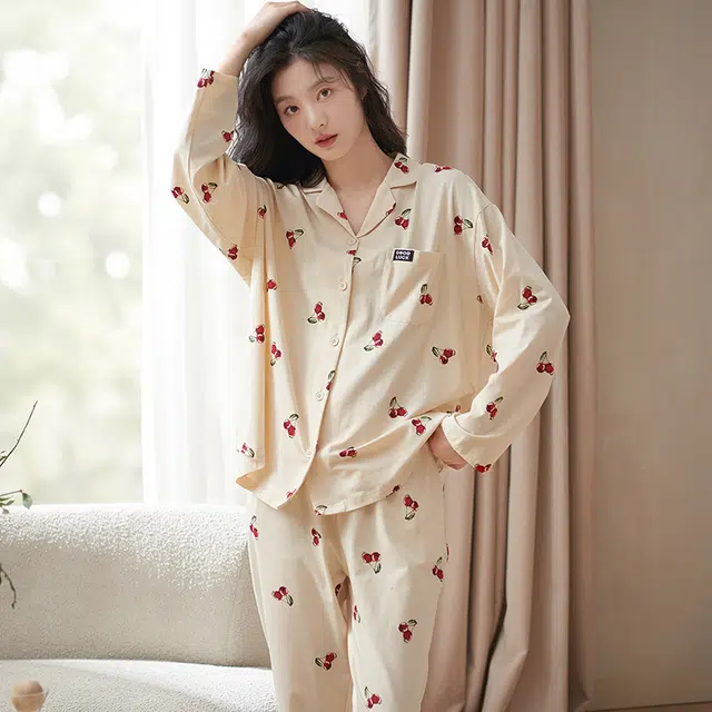 小情歌 家居服睡衣 纯棉睡衣女春秋季家居服女春秋款长袖长裤宽松套装设计 女款 米白色 家居套装