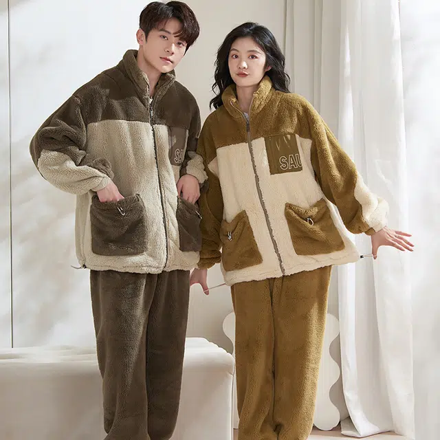小情歌 家居服睡衣 珊瑚绒保暖睡衣女秋冬家居服男冬季高领长袖长裤女士男士家居套装 情侣款 亚麻色+褐色
