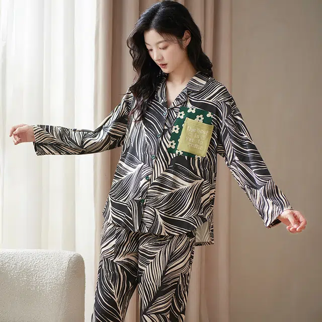 小情歌 家居服睡衣 纯棉睡衣女春秋季家居服女春秋款长袖长裤宽松设计国潮中国风家居套装 女款 黑白条纹