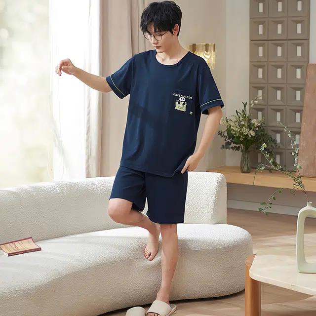 小情歌 家居服睡衣 纯棉睡衣男夏季款短袖短裤家居套装 胸前口袋装饰设计 男款 藏青色