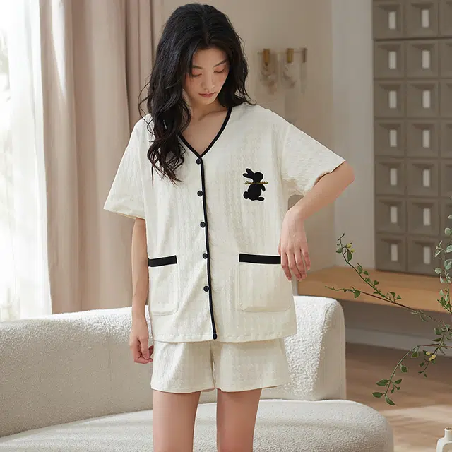 小情歌 家居服睡衣 短袖短裤睡衣女夏季家居服女夏款纯棉家居套装 千鸟格压纹兔子图案刺绣设计 女款 白色