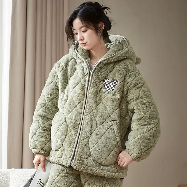 小情歌 家居服睡衣 珊瑚绒三层加绒加厚夹棉保暖睡衣女秋冬家居服女冬季长袖长裤女士家居套装 女款 抹茶色
