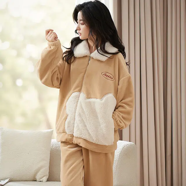 小情歌 家居服睡衣 珊瑚绒保暖睡衣女秋冬家居服女冬季大码长袖长裤女士可爱风家居套装 女款 橘色