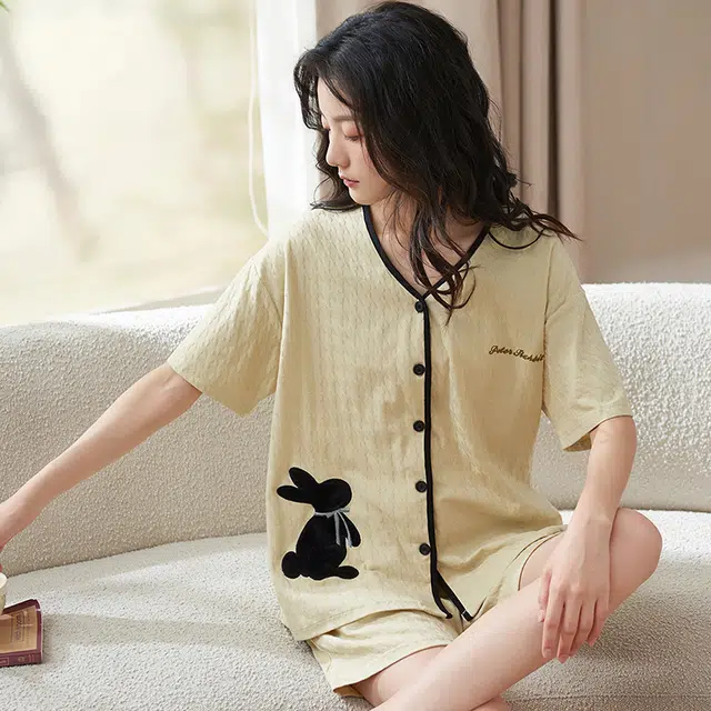 小情歌 家居服睡衣 短袖短裤睡衣女夏季家居服女夏款纯棉家居套装 千鸟格压纹兔子图案刺绣设计 女款 米白色