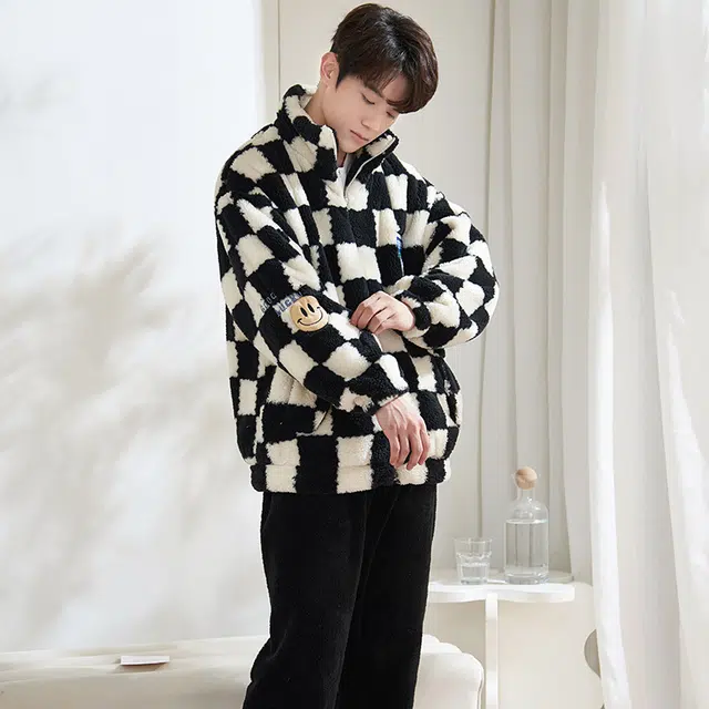 小情歌 家居服睡衣 珊瑚绒保暖睡衣男秋冬家居服男冬季大码长袖长裤男士连帽家居套装 男款 黑白格子