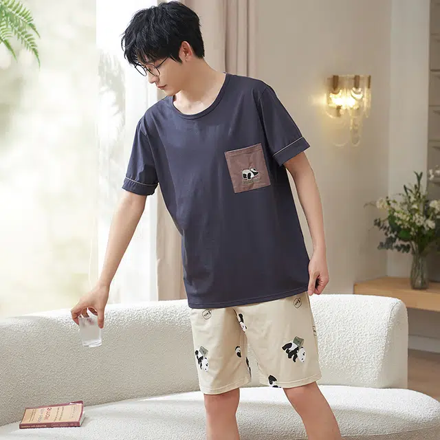 小情歌 家居服睡衣 纯棉睡衣男夏季款短袖短裤家居套装 胸前口袋装饰设计 男款 深灰色