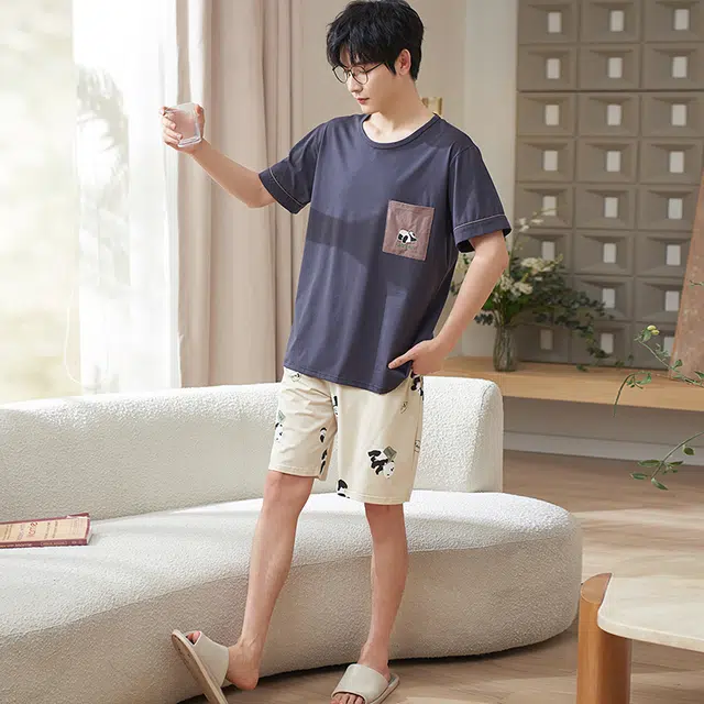 小情歌 家居服睡衣 纯棉睡衣男夏季款短袖短裤家居套装 胸前口袋装饰设计 男款 深灰色