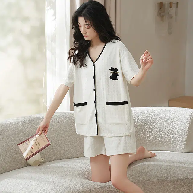 小情歌 家居服睡衣 短袖短裤睡衣女夏季家居服女夏款纯棉家居套装 千鸟格压纹兔子图案刺绣设计 女款 白色