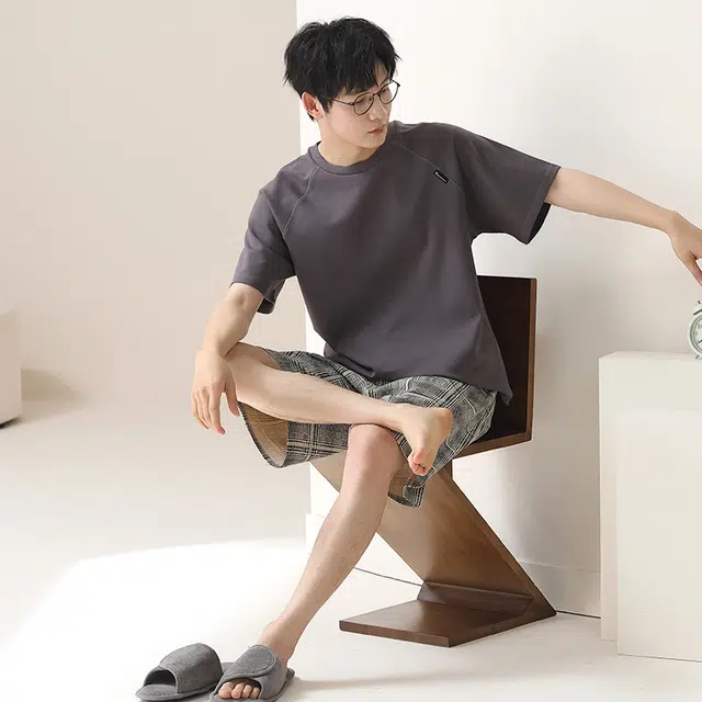 小情歌 可外穿简约休闲短袖短裤睡衣套装 男款 深灰色