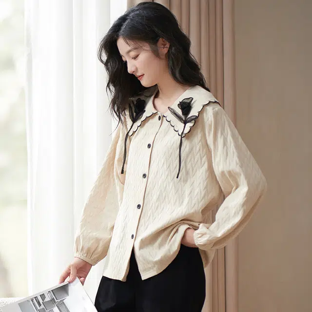 小情歌 家居服睡衣 纯棉睡衣女春秋季家居服女春秋款长袖长裤宽松家居套装设计 女款 奶白色
