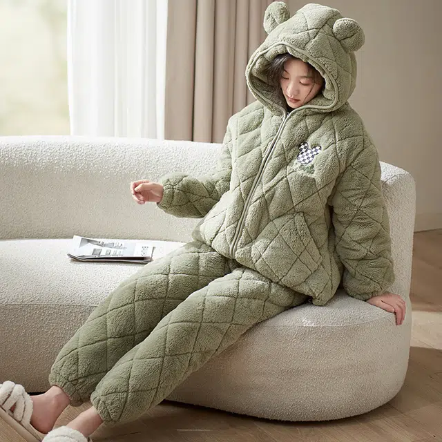 小情歌 家居服睡衣 珊瑚绒三层加绒加厚夹棉保暖睡衣女秋冬家居服女冬季长袖长裤女士家居套装 女款 抹茶色
