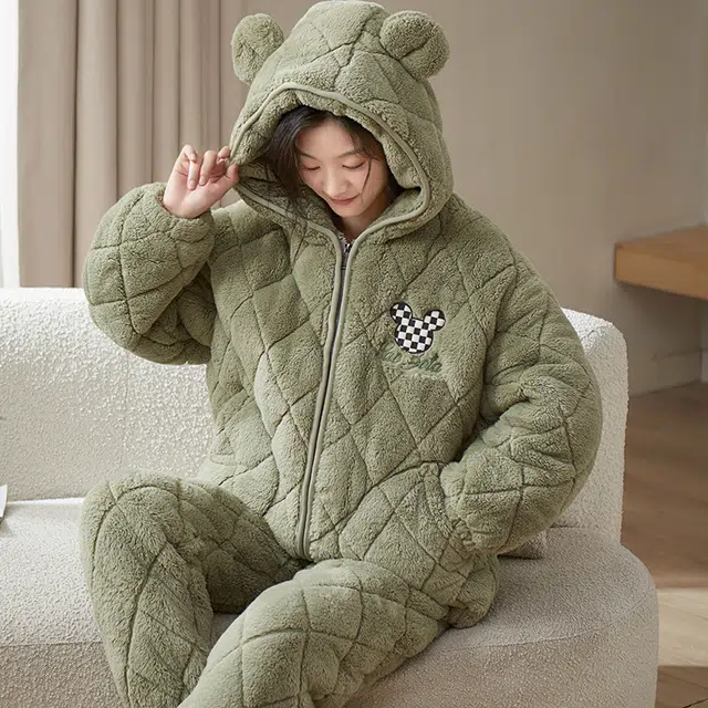 小情歌 家居服睡衣 珊瑚绒三层加绒加厚夹棉保暖睡衣女秋冬家居服女冬季长袖长裤女士家居套装 女款 抹茶色