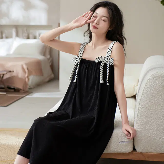 小情歌 纯色甜美可爱性感无袖吊带睡裙 夏季 女款 黑色