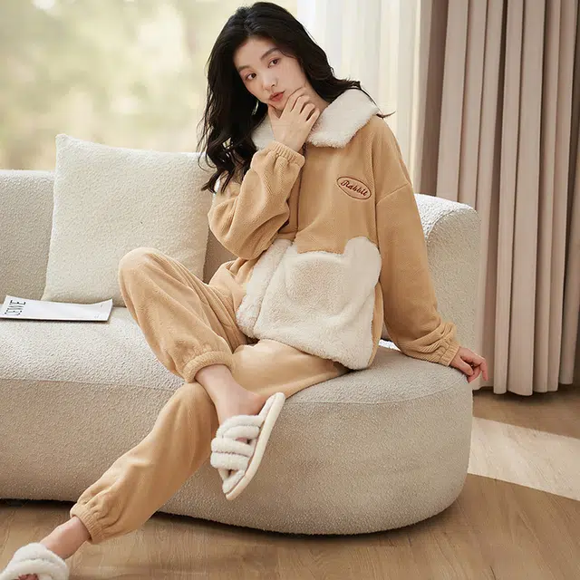 小情歌 家居服睡衣 珊瑚绒保暖睡衣女秋冬家居服女冬季大码长袖长裤女士可爱风家居套装 女款 橘色