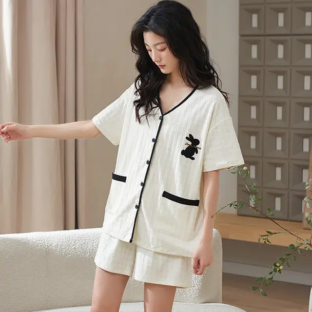 小情歌 家居服睡衣 短袖短裤睡衣女夏季家居服女夏款纯棉家居套装 千鸟格压纹兔子图案刺绣设计 女款 白色